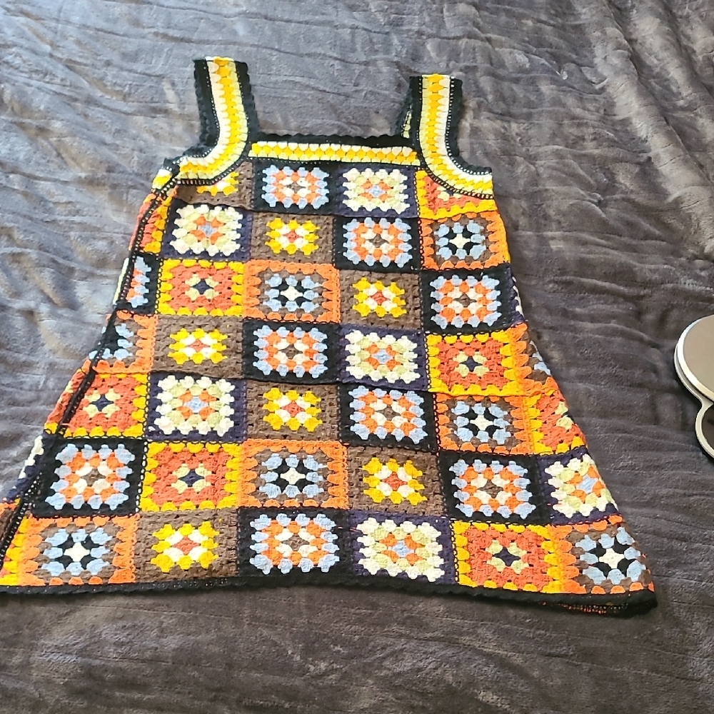 India Boutique Multicolor Crochet Granny Square Tank Tunic Dress